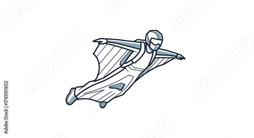 Stylized black and white line art illustration of a person flying in a wingsuit.