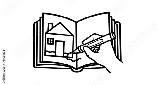 Hand Drawing a House in an Open Book with a Crayon.