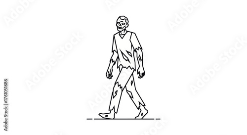 Walking Zombie Illustration with Torn Clothes and Skull.