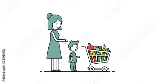 Mother and son with a full grocery cart illustration.