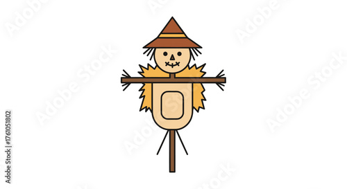 Cute Cartoon Scarecrow with Straw Hat and Arms.