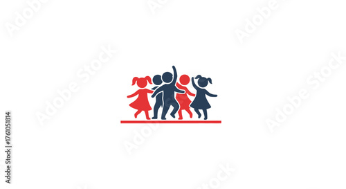 A simple graphic icon of four joyful children two boys and two girls standing together in red and blue silhouettes.