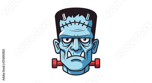 Cartoon Frankenstein Monster Head with Bolts and Stitches.