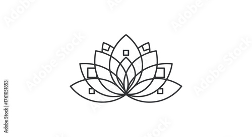 Stylized Black Outline Lotus Flower Drawing with Geometric Details.