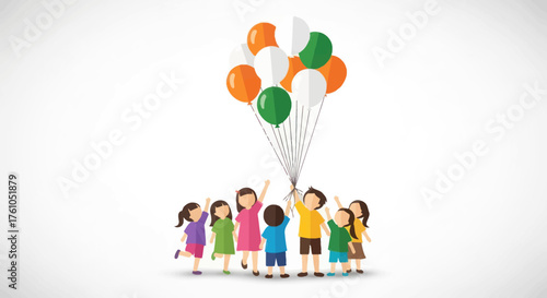 Children Reaching for Tricolor Balloons Celebrating Indias Independence Day.