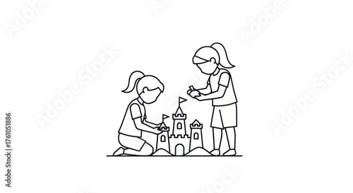 Two young girls building a sandcastle together on a beach illustrated in a simple line art style.