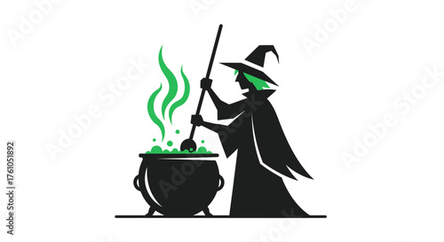 Silhouette of a witch stirring a bubbling cauldron with green smoke.