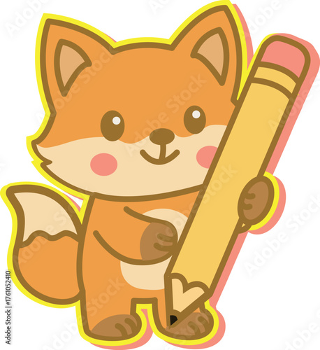 A child's sticker. Adorable kawaii-style fox with rosy cheeks happily holding a large yellow pencil. Perfect for school or creative themes