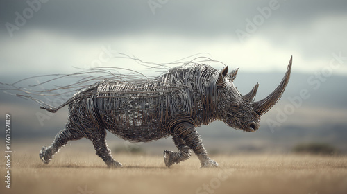 A metal wire rhino strides across the grass while its wire body reflects sunlight. The landscape frames the rhino as the grass sways. The wire detail outlines the rhino.