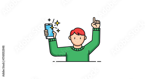 man raising finger holding glowing phone illustrating new app features perfect for tech blog post mobile app technology success innovation