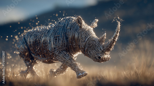 A metal rhino made of wires runs across tall grass. The rhino's wires shimmer in the sunlight. The detailed wires of the rhino contrast sharply with the grass.