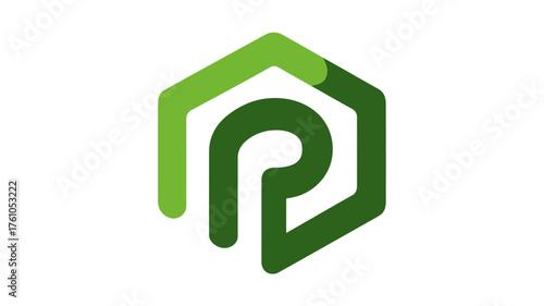 Modern abstract green letter P icon inside a geometric hexagonal shape on a white background, concept for identity, design, tech, or business.