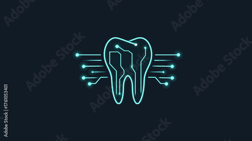 Digital tooth icon with circuit board pattern and glowing lines, symbolizing advanced dentistry technology and innovative oral health care.