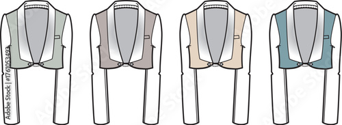 A collection of women's cropped bolero jackets with shawl collars in four different colorways. This is a technical flat sketch for fashion design and apparel templates