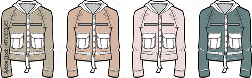 Four different colored casual jackets displayed in a row, showcasing various pocket designs and drawstrings for versatile styling