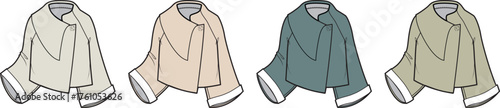Fashion design template of a women's wide-sleeve jacket or cape coat. A set of technical flat sketches in four different color variations