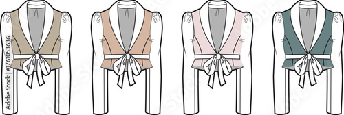 Set of women's cropped bolero jackets with long sleeves and a tie-front bow, shown in a technical flat fashion illustration template