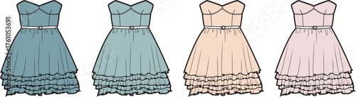 Set of women's summer sundresses with spaghetti straps and tiered ruffled skirts. Fashion design technical flat illustration in pastel colors