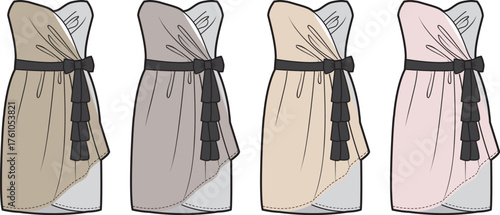 Elegant strapless wrap mini dress design illustrations with bow and tassel details, in four soft color variations
