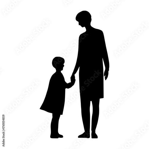 A black silhouette of a tall adult holding the hand of a small child against a white background — symbolizing guidance, protection, and the bond between parent and child.
