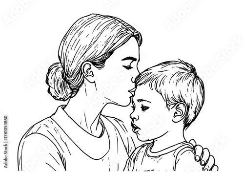 A tender black-and-white line drawing of a mother kissing her child on the forehead, with her arm wrapped around them — simple, loving, and evoking warmth and maternal care.