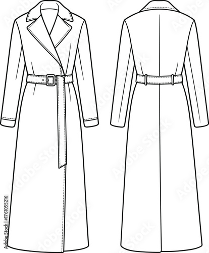 Long trench coat technical flat sketch, front and back view, double-breasted wrap design, fashion CAD drawing, apparel construction vector illustration
