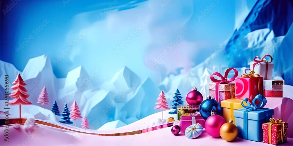Obraz premium Vivid Whimsy Christmas illustration. Surreal christmas attributes and gifts on blue vibrant background. Winter holidays wishes concept. Large banner size with copy space