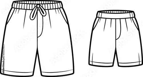 Shorts fashion vector, front view comparison, drawstring waistband, elastic waist, side pockets, casual style, technical sketch, CAD drawing
