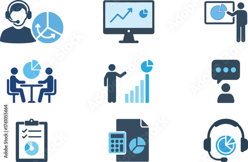 Business Consulting and Data Analytics Icon Set - Customer Support, Meeting, and Financial Report Glyphs