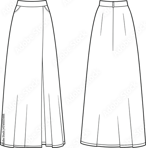 Long A-line skirt technical flat sketch, front and back view, high-waisted design with pleat and zipper, fashion CAD drawing vector illustration