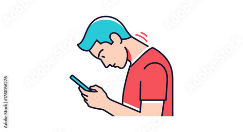 man using smartphone with head forward posture browsing on a mobile device showing modern digital life with a health problem concept