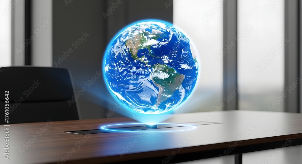 Fototapeta premium Futuristic Holographic Globe Projection in Executive Office: Advanced Technology Enhancing Global Business Vision and Connectivity