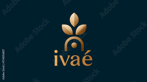 Sophisticated golden botanical emblem design, abstract leaves or grain motif on a deep blue backdrop