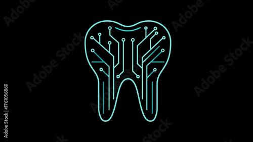 Futuristic digital dentistry concept with circuit board tooth icon, glowing neon lines symbolizing advanced dental technology and oral health innovations.