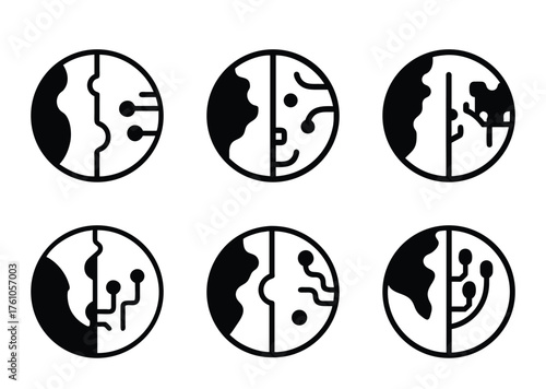 Set of Circular Icons Representing Earth with Digital Technology Integration