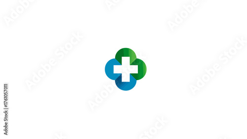 Abstract medical cross symbol in blue and green rounded shapes, representing health care, pharmacy, wellness, clinic, and medical services.