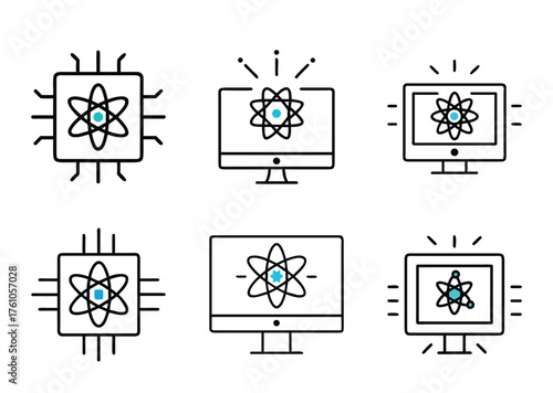 Computer Science and Technology Icons Featuring Quantum Computing and Atomic Concepts