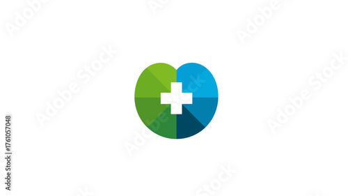 Abstract health care icon with green and blue heart shape and cross symbol. Modern medical wellness and pharmacy graphic logo.