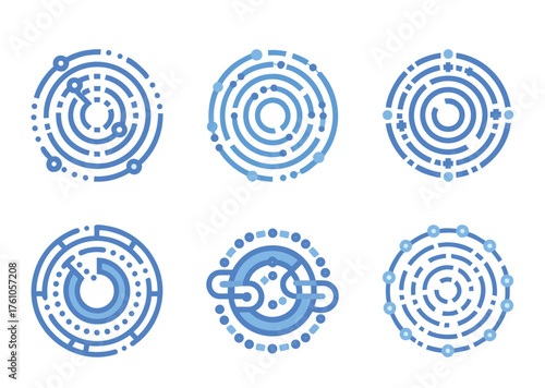 Set of abstract circular maze designs representing complex systems and connections