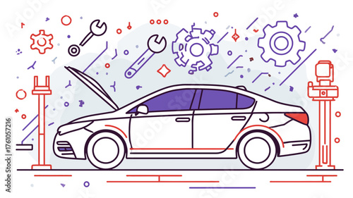 Automotive Repair Service and Car Maintenance Workshop. Vehicle with Open Hood, Tools, and Gears. Modern Line Art Illustration.