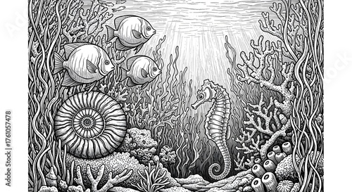 Detailed ink drawing of an ancient ammonite fossil and seahorse surrounded by vibrant underwater flora and fauna
