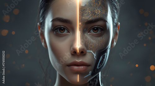 split face of human and robot with glowing eye and cybernetic enhancements in futuristic portrait
