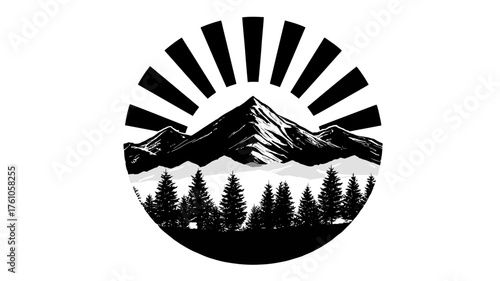 Monochrome Mountainous Landscape with Pine Trees and Radiant Sunburst in a Circular Emblem