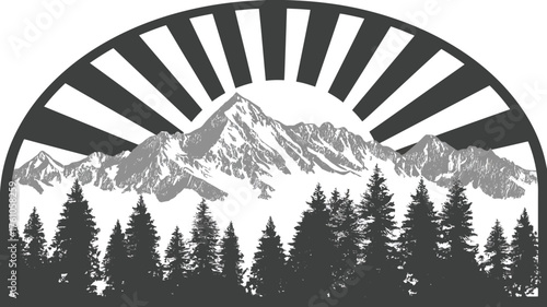 Majestic mountain landscape graphic with pine forest silhouette and radiant sunburst emblem. Outdoor adventure illustration for nature designs.