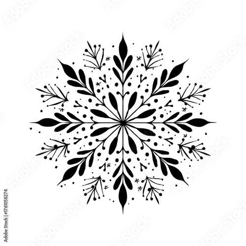 Hand-drawn symmetrical Christmas snowflake in black ink on white background.