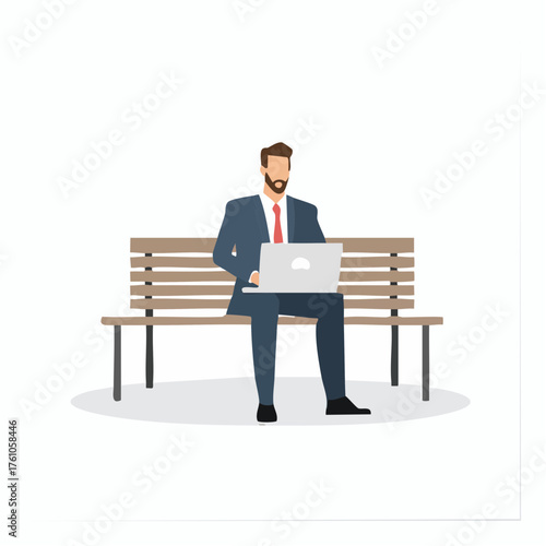 Business Remote Work Vector — Businessman Working on Laptop Outdoors on Park Bench