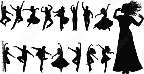 Dancer silhouette vector set, expressive dance poses, black movement icons, performance art design, graceful motion illustration, choreography graphic pack