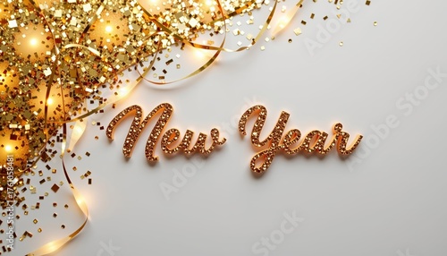Celebratory New Year Event with Shiny Gold Decorations Indoor Festivities Sparkling Atmosphere Joyful Vibes