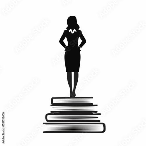 Confident businesswoman stands tall atop stack of knowledge symbolizing achievement and expertise in professional growth