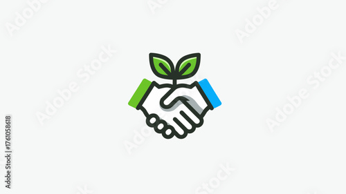 Green business partnership handshake icon with plant sprout. Environmental collaboration for sustainable growth, vector illustration.